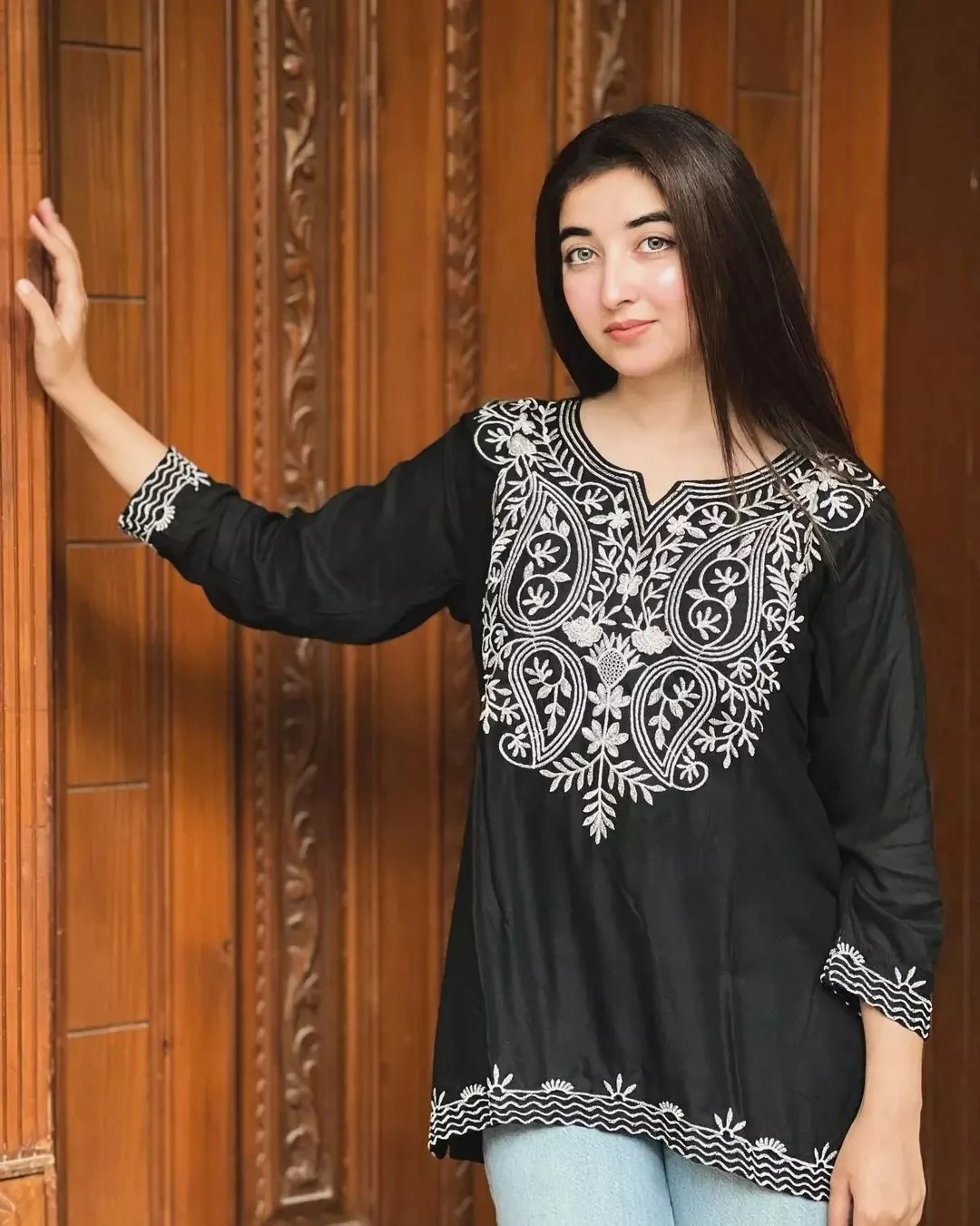 Short Indian Chickenkari Kurti (Black) - Image 2